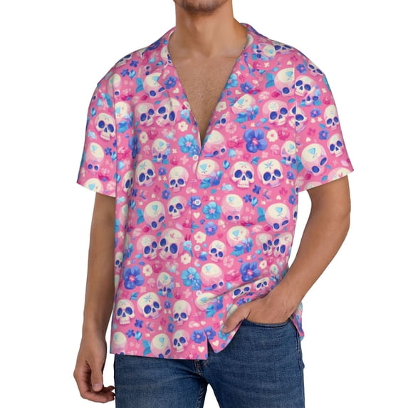 Sikiie Skull Blue Flower Men's Wrinkle Free Untucked Cuban Shirt Business Casual Button Down Shirts Short Sleeve ShirtXX-Large