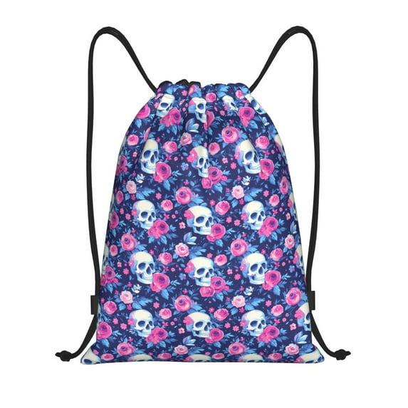 Sikiie Skull Flower Drawstring Backpack Drawstring Bags, Draw String Back Bag for Sports, Gym, Travel, Swimming, Beach-Medium