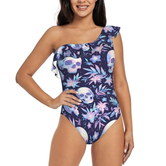 Sikiie Skull Print Women One Piece Swimsuits Tummy Control One Shoulder Bathing Suits Ruffle Swimwear, From S to XXL-Large
