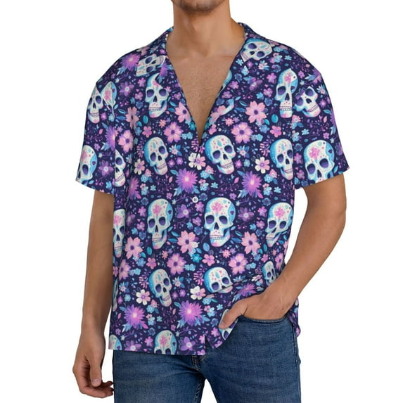 Sikiie Skull Purple Flower Men's Wrinkle Free Untucked Cuban Shirt Business Casual Button Down Shirts Short Sleeve ShirtXX-Large