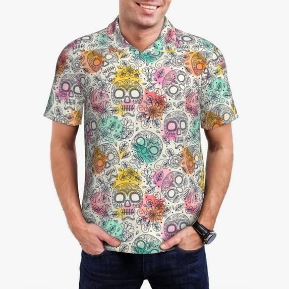 Sikiie Skull and Flowers Print Men's Short-sleeved POLO Shirts, Button-down Shirts and T-shirts are Suitable for Vacation, Leisure and Business-Small