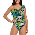 thumbnail image 1 of Sikiie Skull and Palm Leaves Print Women One Piece Swimsuits Tummy Control One Shoulder Bathing Suits Ruffle Swimwear, From S to XXL-X-Large, 1 of 6