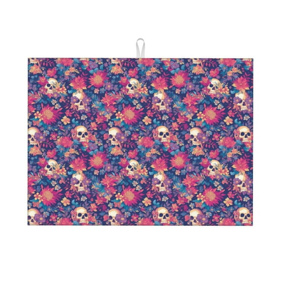 Sikiie Skull colorful flower daisy Dish Drying Mat, Kitchen Counter Mat, Self Drying Mat for Kitchen Counter Dish Drying Pad ,for Dishes, Utensils, Pots and Pans（24" x 18"）