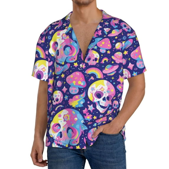 Sikiie Skull colorful mushroom Men's Wrinkle Free Untucked Cuban Shirt Business Casual Button Down Shirts Short Sleeve ShirtXX-Large