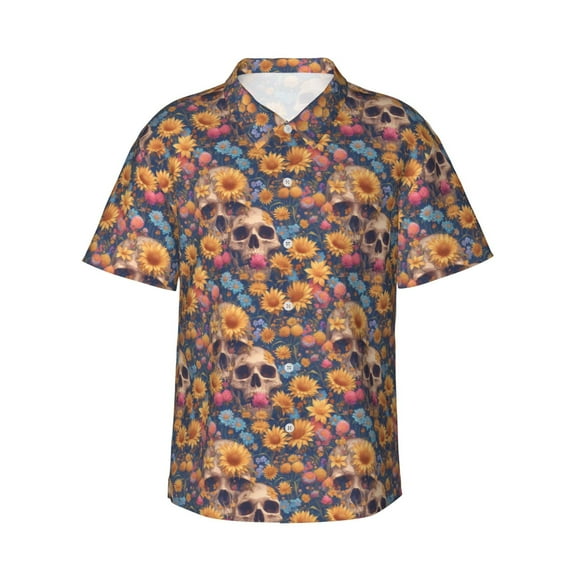 Sikiie Skull daisy colorful Print Men's Hawaiian Shirt, Summer Beach Button Pocket Short Sleeve T-Shirt,Large