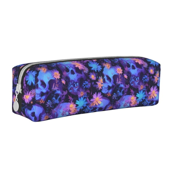 Sikiie Skull daisy purple Leather Pencil Case, Makeup Pouch, Zipper Pouch for Daily Essentials, Storage Organizer, Cosmetics and Stationary Bag