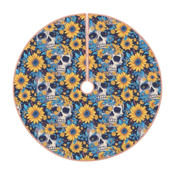 Sikiie Skull daisy yellow blue Nativity Christmas Tree Skirt, Jesus Christian Winter Holiday Tree Mat Decoration(30-48IN)48"