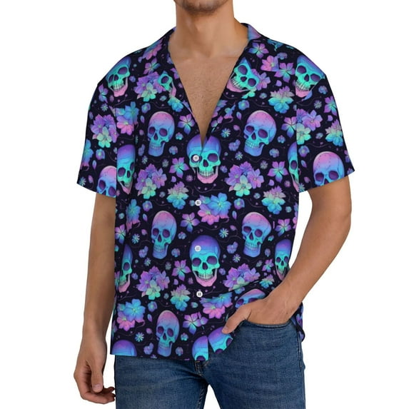 Sikiie Skull flower funny Men's Wrinkle Free Untucked Cuban Shirt Business Casual Button Down Shirts Short Sleeve ShirtLarge