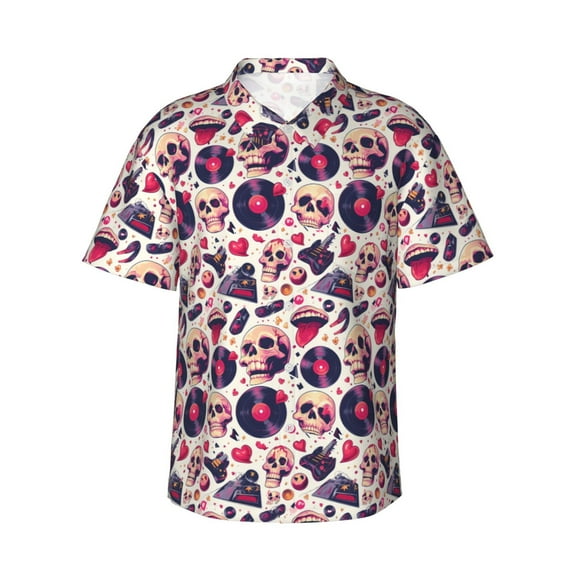 Sikiie Skull lips record Guitar Print Men's Hawaiian Shirt, Summer Beach Button Pocket Short Sleeve T-Shirt,X-Large