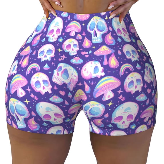 Sikiie Skull mushroom colorful Print Workout Shorts Women Scrunch Butt Gym Shorts Seamless High Waist Tummy Control Yoga Biker Athletic Shorts