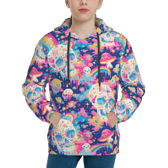 Sikiie Skull rainbow color space Youth Hoodie Sweatshirt Pullover Hooded Classic Casual Essentials Hoodiefor Boys Girls Kids -Small