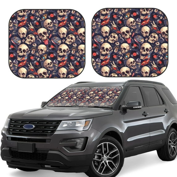 Sikiie Skull record rock Print Foldable Car Windshield Sun Visor, Car Window Sunshade Suitable for Sedan, SUV and Truck Car Accessories-Medium