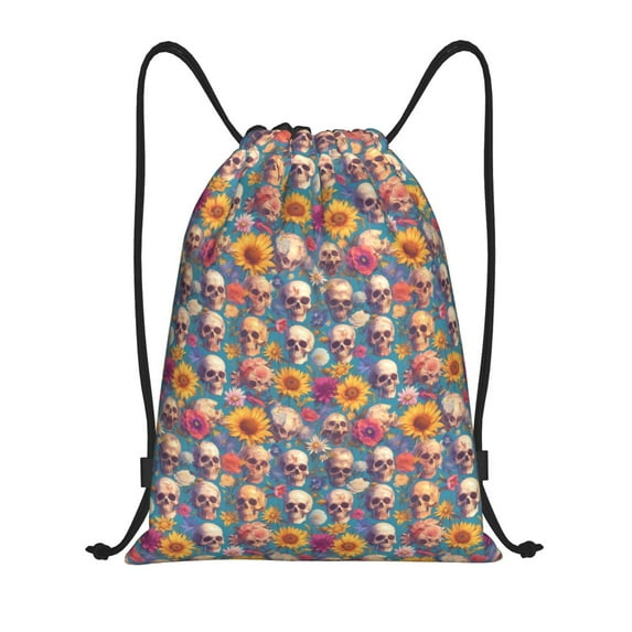 Sikiie Skull sunflower daisy Drawstring Backpack Drawstring Bags, Draw String Back Bag for Sports, Gym, Travel, Swimming, Beach-Small