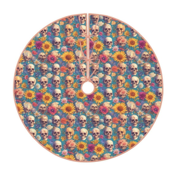 Sikiie Skull sunflower daisy Nativity Christmas Tree Skirt, Jesus Christian Winter Holiday Tree Mat Decoration(30-48IN)48"