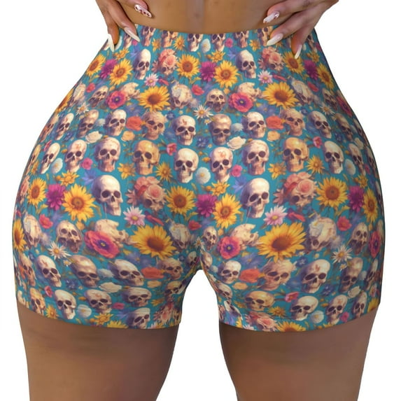 Sikiie Skull sunflower daisy Print Workout Shorts Women Scrunch Butt Gym Shorts Seamless High Waist Tummy Control Yoga Biker Athletic Shorts
