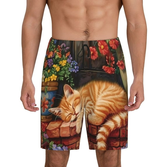 Sikiie Sleeping Cat Flowers Mens Pajama Shorts, Lounge Pant, Men's shorts,Sleep Pj Shorts for Men-4X-Large