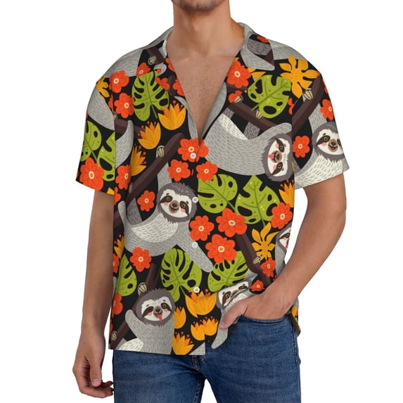 Sikiie Sloth on the Branch Men's Wrinkle Free Untucked Cuban Shirt Business Casual Button Down Shirts Short Sleeve Shirt