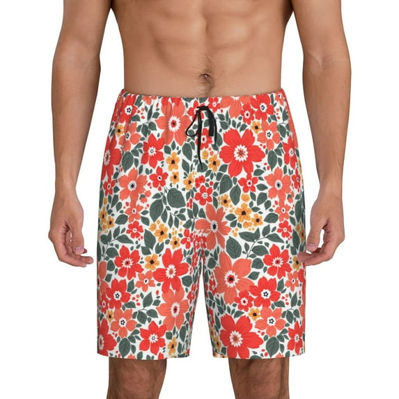 Sikiie Small Coral Red Flowers Mens Pajama Shorts, Lightweight Lounge Pant with Pockets Soft Sleep Pj Shorts for MenXX-Large