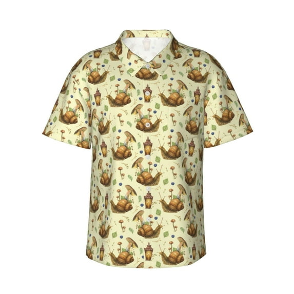 Sikiie Snail With Mushrooms Print Men's Hawaiian Shirt, Summer Beach Button Pocket Short Sleeve T-Shirt,Medium
