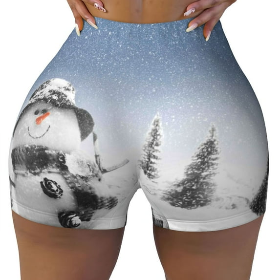 Sikiie Snowman And Christmas Tree Print Workout Shorts Women Scrunch Butt Gym Shorts Seamless High Waist Tummy Control Yoga Biker Athletic Shorts