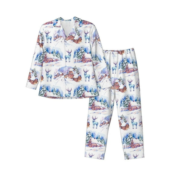 Sikiie Snowy Cottage Holiday Scene Mens Pajama Set, Soft Warm Long Sleeve Sleepwear, Cozy Button-Down Pjs for Men-XX-Large