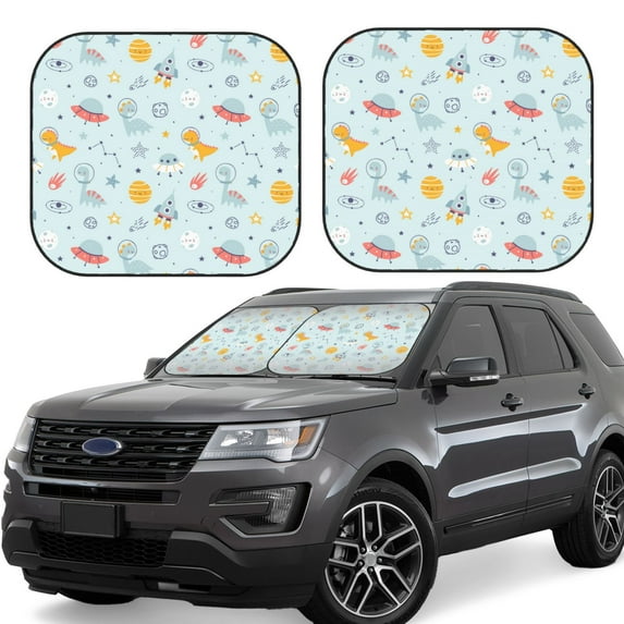 Sikiie Space With Dino Astronauts Print Foldable Car Windshield Sun Visor, Car Window Sunshade Suitable for Sedan, SUV and Truck Car Accessories-Large