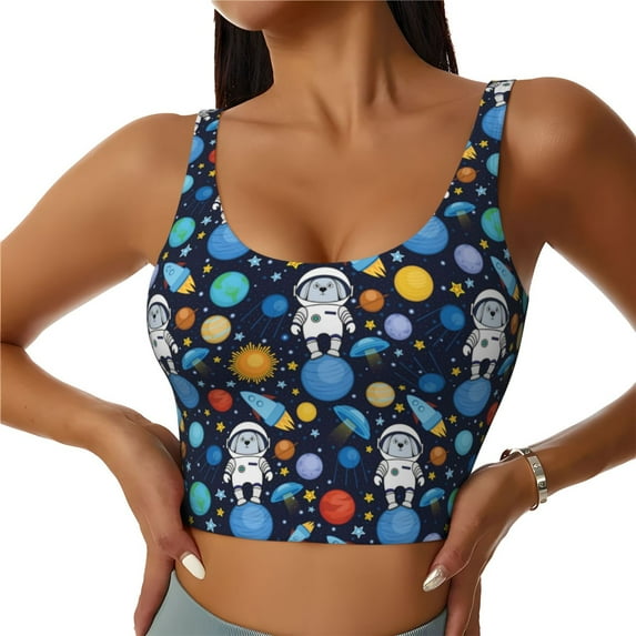 Sikiie Space Dog Print Strappy Sports Bra for Women Padded Push Up Sports Bra Athletic Running Sports Bra Workout Bra Yoga Bra