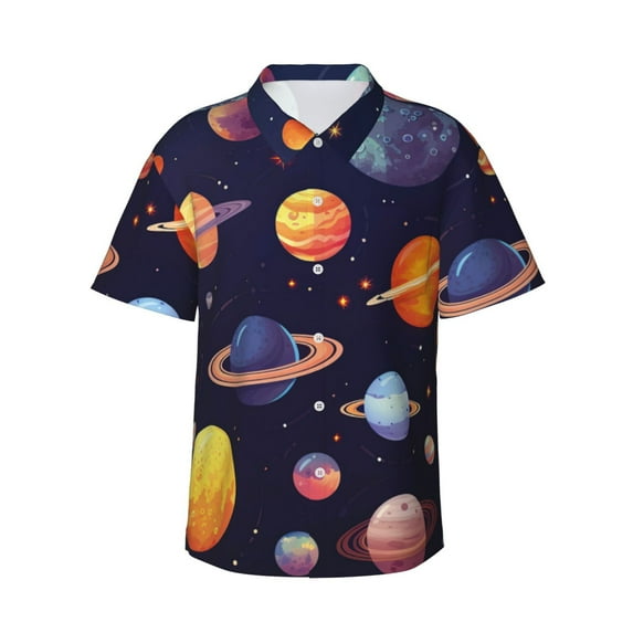 Sikiie Space Planet Print Men's Hawaiian Shirt, Summer Beach Button Pocket Short Sleeve T-Shirt,XX-Large