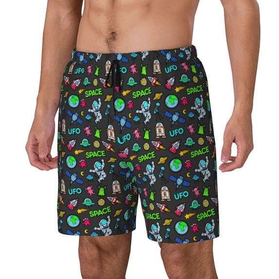 Sikiie Space Rocket Cosmonaut Planets Print Men's Double Layer Swimming Trunks, Adjustable Waistband and Pockets Sports Swimming Trunks, Beach Swimwear-Small