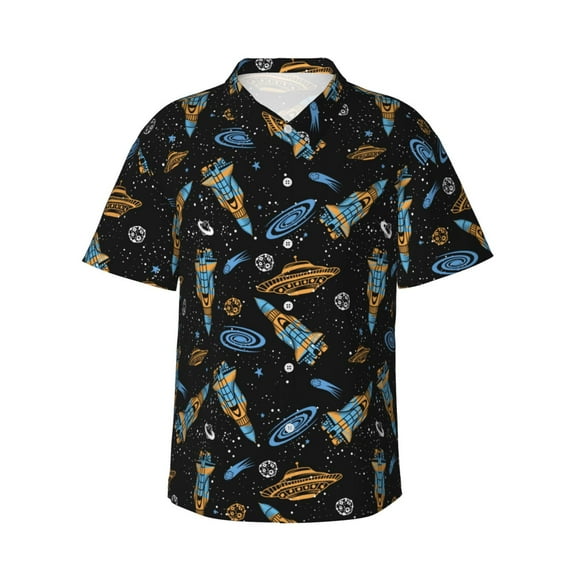 Sikiie Space Rockets Print Men's Hawaiian Shirt, Summer Beach Button Pocket Short Sleeve T-Shirt,Small