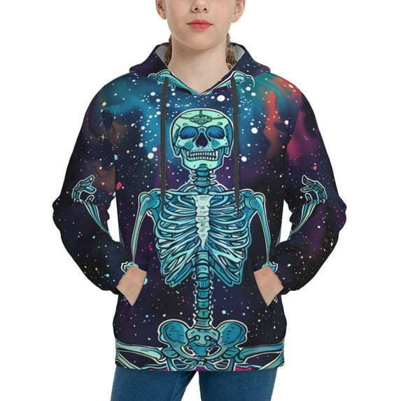 Sikiie Space Skeleton Meditation Youth Hoodie Sweatshirt Pullover Hooded Classic Casual Essentials Hoodiefor Boys Girls Kids -Large