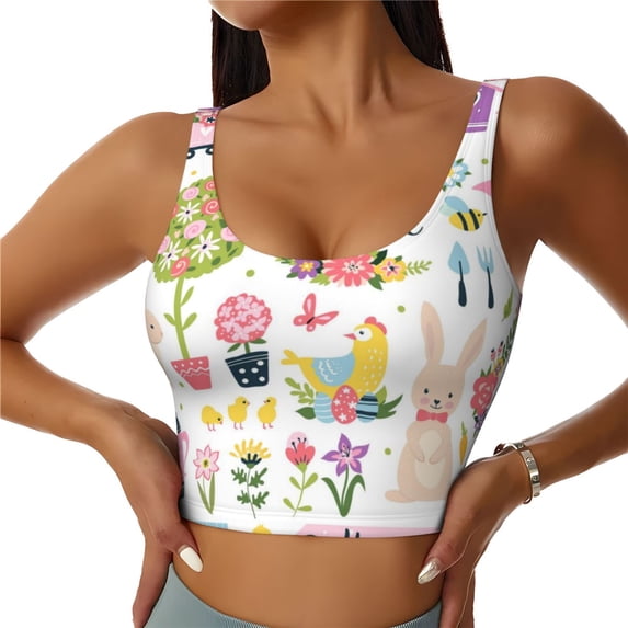 Sikiie Spring Flowers Birds Print Strappy Sports Bra for Women Padded Push Up Sports Bra Athletic Running Sports Bra Workout Bra Yoga Bra