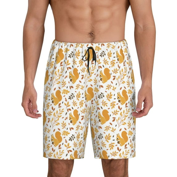 Sikiie Squirrel And Leaves Mens Pajama Shorts, Lightweight Lounge Pant with Pockets Soft Sleep Pj Shorts for MenLarge