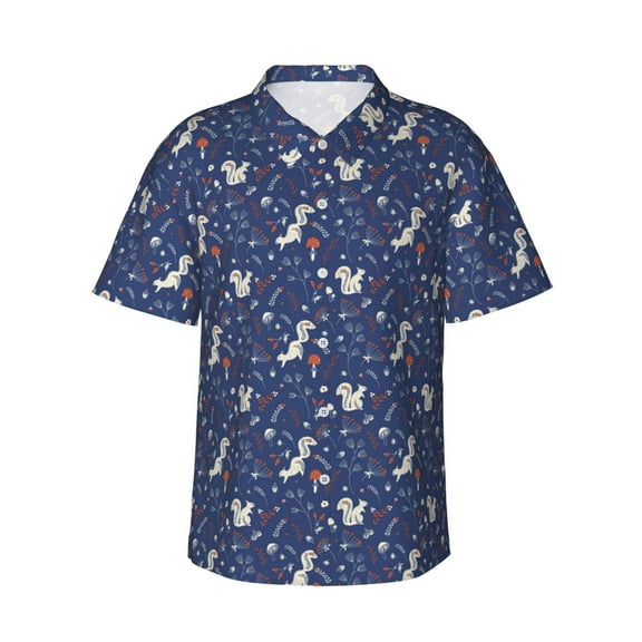 Sikiie Squirrel Flower Print Men's Hawaiian Shirt, Summer Beach Button Pocket Short Sleeve T-Shirt,XX-Large