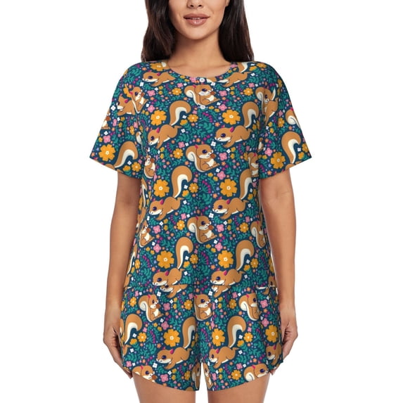 Sikiie Squirrel Garden Delight Womens Pajama Sets Short Sleeve Top With Pants Sleepwear 2 Piece Lounge Set-Large