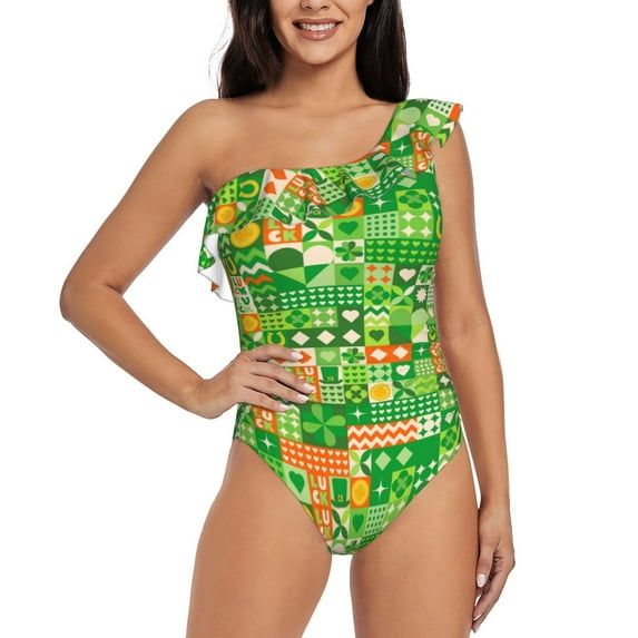 Sikiie St Patrick's Day6 Print Women One Piece Swimsuits Tummy Control One Shoulder Bathing Suits Ruffle Swimwear, From S to XXL-Large