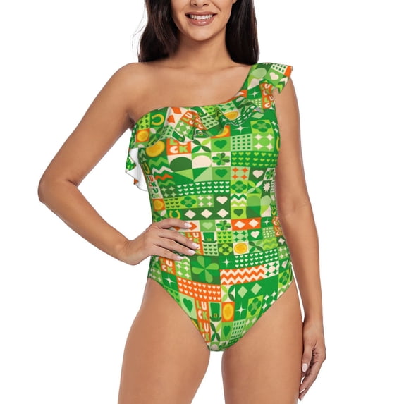 Sikiie St Patrick's Day6 Print Women One Piece Swimsuits Tummy Control One Shoulder Bathing Suits Ruffle Swimwear, From S to XXL-Medium