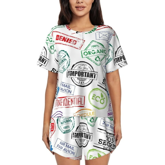 Sikiie Stamp Set Collection Womens Pajama Sets Short Sleeve Top With Pants Sleepwear 2 Piece Lounge SetMedium