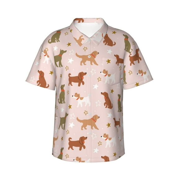 Sikiie Star Cute Dog Print Men's Hawaiian Shirt, Summer Beach Button Pocket Short Sleeve T-Shirt,XX-Large