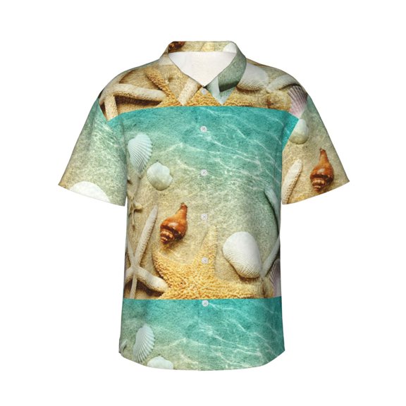 Sikiie Starfish And Seashell On The Beach Print Men's Hawaiian Shirt, Summer Beach Button Pocket Short Sleeve T-Shirt,XX-Large