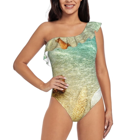 Sikiie Starfish And Seashell On The Beach Print Women One Piece Swimsuits Tummy Control One Shoulder Bathing Suits Ruffle Swimwear, From S to XXL-XX-Large