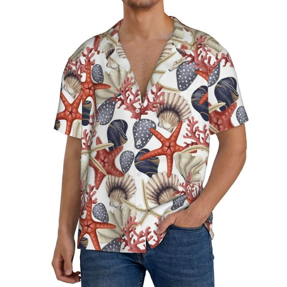 Sikiie Starfish Shell Men's Wrinkle Free Untucked Cuban Shirt Business Casual Button Down Shirts Short Sleeve Shirt4X-Large