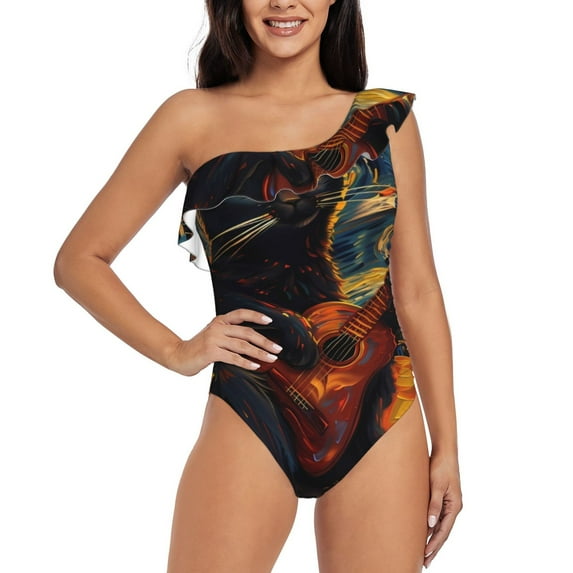 Sikiie Starry Night Cat Guitarist Print Women One Piece Swimsuits Tummy Control One Shoulder Bathing Suits Ruffle Swimwear, From S to XXL-Small