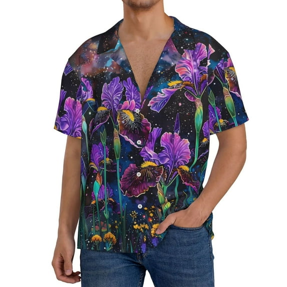 Sikiie Starry Night Iris Field Men's Cuban Shirt, Hawaiian Shirts, Business Casual Button Down Shirts, Short Sleeve Shirt-4X-Large