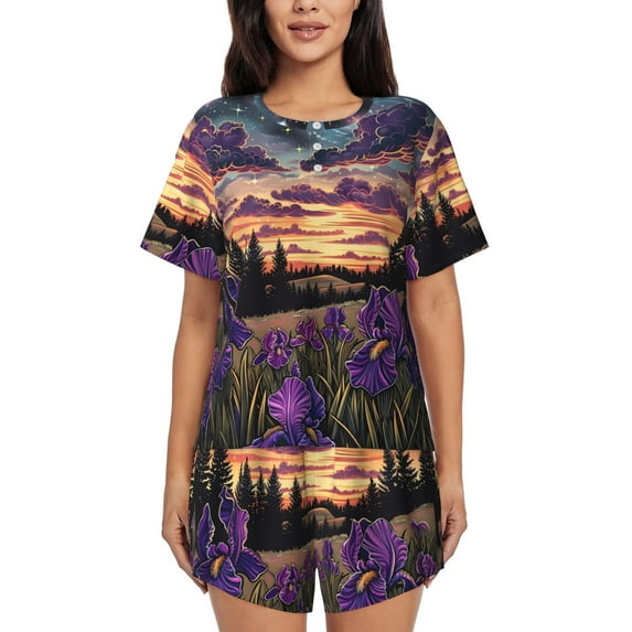 Sikiie Starry Night Purple Irises Womens Pajama Sets Short Sleeve Top With Pants Sleepwear 2 Piece Lounge Set-