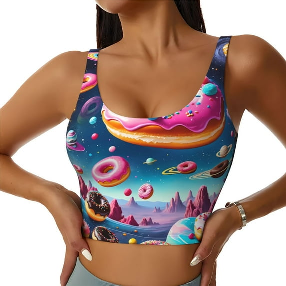 Sikiie Starry Sky Colorful Donut Print Strappy Sports Bra for Women Padded Push Up Sports Bra Athletic Running Sports Bra Workout Bra Yoga Bra