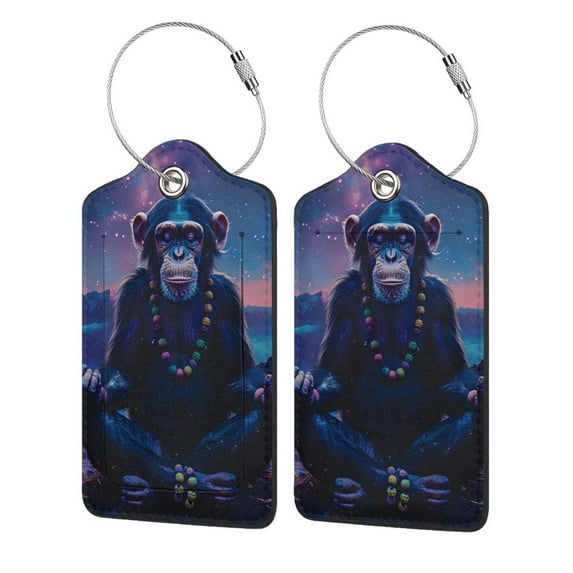 Sikiie Starry Sky Meditating Chimpanzees Luggage Tag for Suitcase Leather Baggage Tag with Stainless Steel Loop Privacy Cover for Women Men Girls-4 PCS
