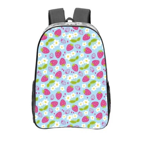 Sikiie Strawberry And Flowers Clear Backpack, Transparent Bookbag for School for Women Men, Capacity Clear Bag for College, Travel