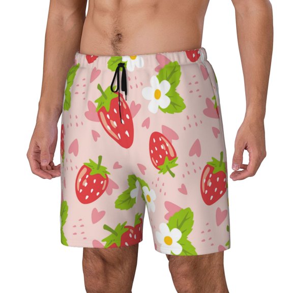 Sikiie Strawberry Floral Print Men's Double Layer Swimming Trunks, Adjustable Waistband and Pockets Sports Swimming Trunks, Beach Swimwear-3X-Large