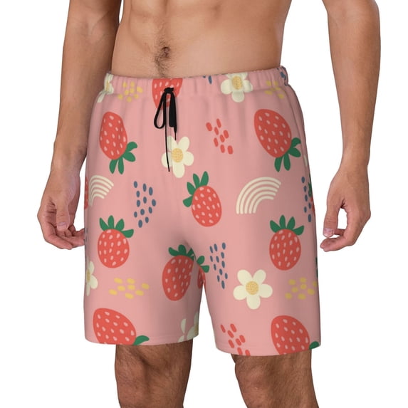 Sikiie Strawberry Floral Print Men's Double Layer Swimming Trunks, Adjustable Waistband and Pockets Sports Swimming Trunks, Beach Swimwear-X-Large